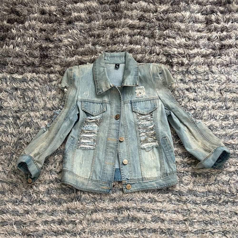 Women's Distressed Denim Jacket Size S (Asian M)